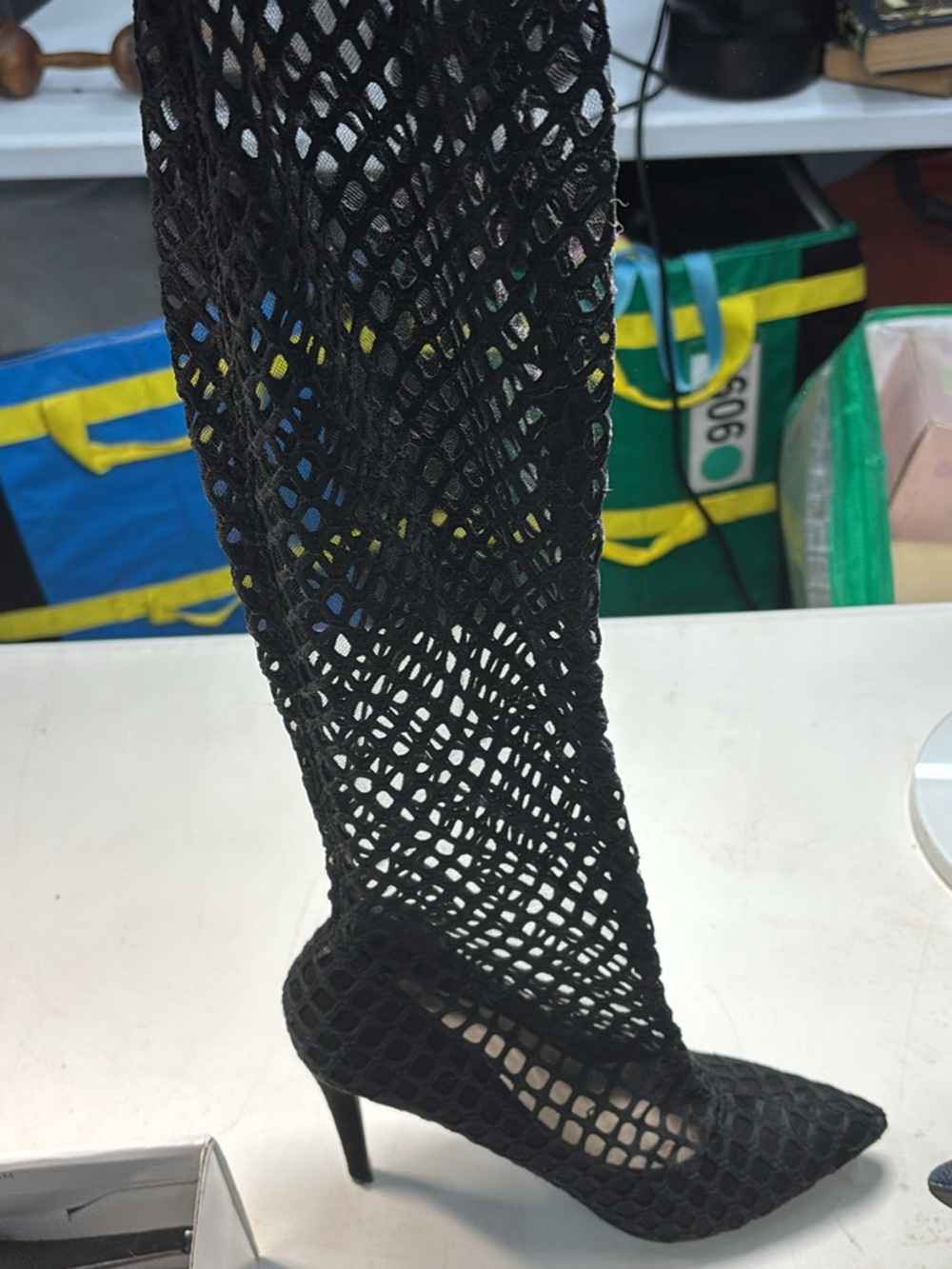Black Mesh Knee-High Stiletto Boot